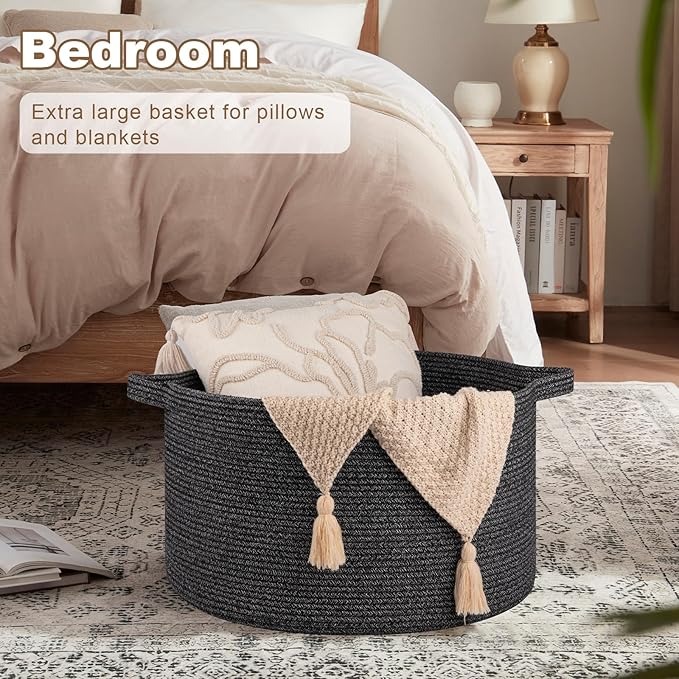 Large Woven Baskets for Storage, 22.8" x 22.8" x 13" Blanket Storage Living Room, Baby Toy Basket for Clothes, Pillows, Towels, Shoe Basket for Entryway (Black)