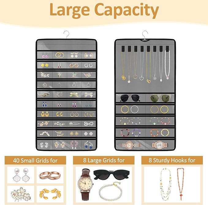 Hanging Jewelry Organizers and Storage, Double-Sided Jewelry Necklace Holder for Jewelries, Earrings, Accessories, Rings on Closet, Door, Wall (1,Gray)