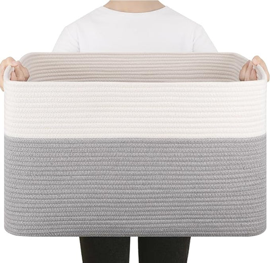 75L Large Blanket Basket, Toy Basket Bin for Kids, Cotton Rope Woven Storage Baskets for Living Room, Bedroom, Nursery, Baby Room Decorative Organizer, 22''×17''×12'', Grey and White