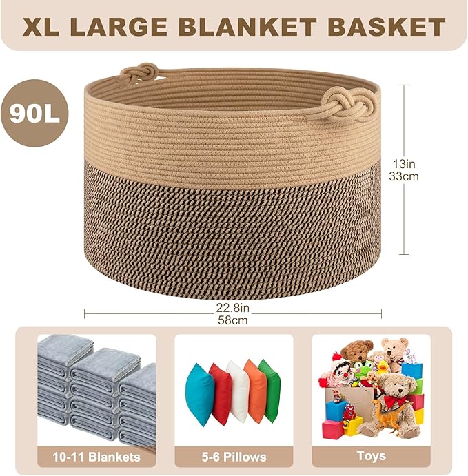 Large Blanket Storage Basket for Living Room, 22.8" x 22.8" x 13" Woven Cotton Rope Basket with Handles, Baby Toy Storage, Laundry Hamper for Clothes, Pillows, Towels-Brown and Black