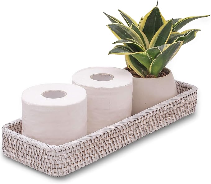 Rattan Toilet Tank Basket Guest Towel Napkin Woven Holder for Serving Organizing Bread Shelves Bathroom Counter Organizers and Storage Decorative Wicker Tray (17 x 6 x 2 inches, White Wash)
