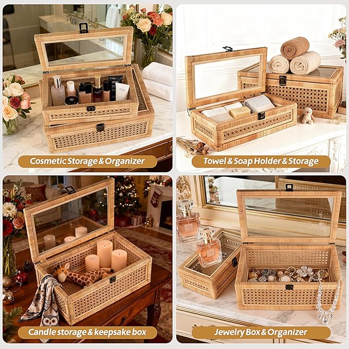 Large Decorative Box Lid Display, Large Keepsake Memory Storage Box, Decorative Box Hinged Lid Woven Rattan Jewelry Box with Glass Boho Vintage Decor Craft Organizer. Rattan