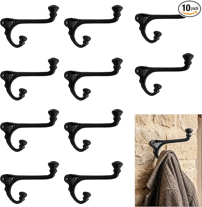 Mystic Colonial Rustic Cast Iron Wall Hooks Heavy Duty Retro Utility Hooks for Hanging Coat, Bag, Towel, Robe, Hat & More Decorative Wall Mount Hooks, Pack of 10, Black