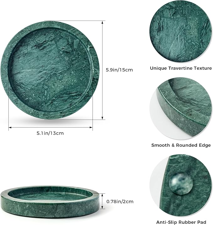 Natural Marble Tray for Rings and Jewelry Dish, 5.91 inch Round Decorative Tray for Kitchen, Vanity, Bathroom,Dressing Table, Bedside Table, Home Decor, Green (NS026)