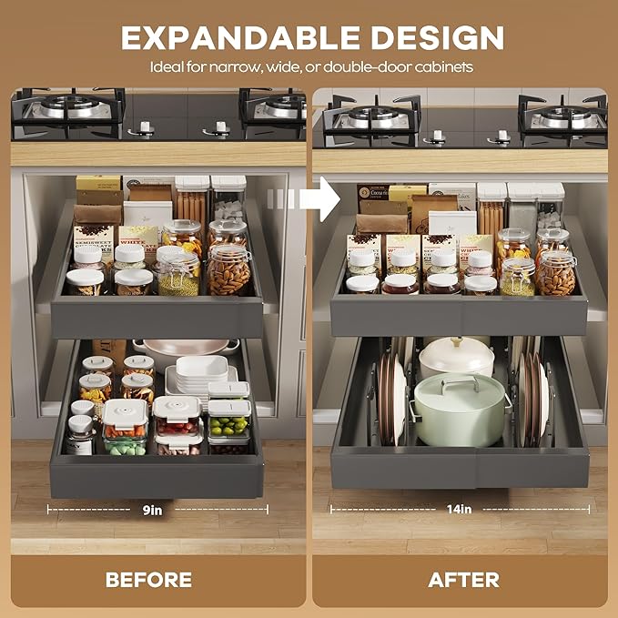 2 Pack Pull out Cabinet Organizer 21" Deep With Raising Pad for Framed Cabinets, Expandable (9"-14" W) Slide out Drawers for Kitchen Cabinets with 4pcs Divider Racks, Roll out Shelves, Black