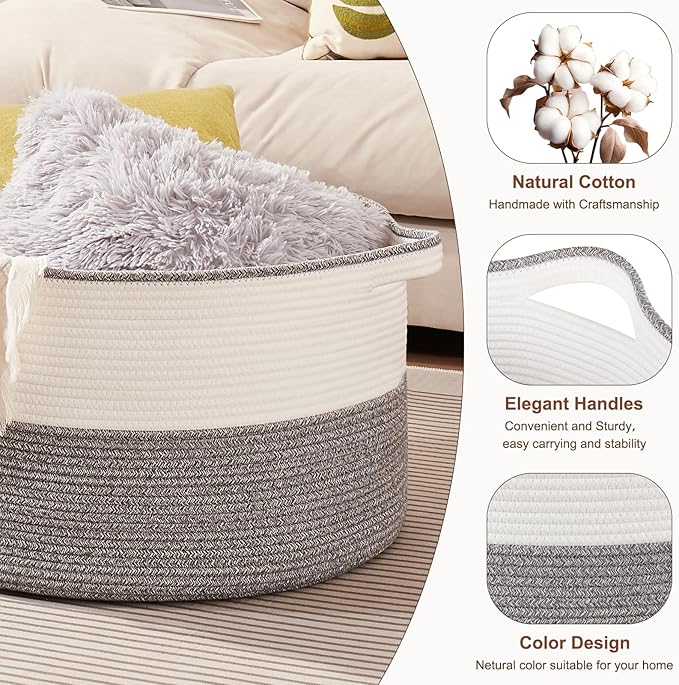 Large Blanket Basket with Handles, 22.8" x 22.8" x 13" Woven Storage Basket for Living Room, Cotton Rope Baby Toy Storage for Clothes, Pillows, Towels-Grey and White