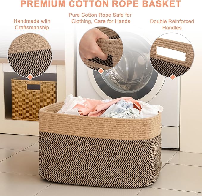 Extra Large Blanket Basket, Toy Basket Bin for Kids, Cotton Rope Woven Storage Basket for Living Room, Nursery, Baby Room Decorative Organizer, 24''×16''×15'', Brown & Black