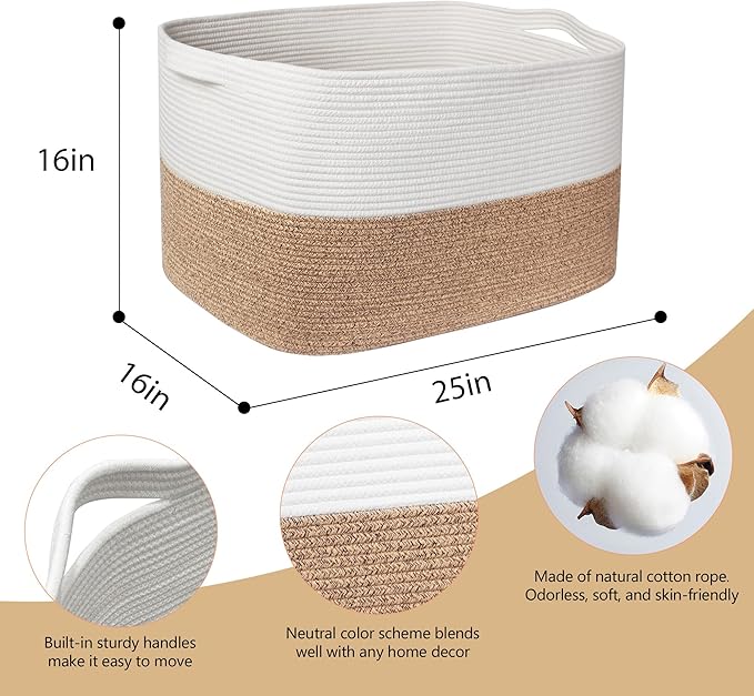 108L Super Large Blanket Basket, 25" x 16" x 16" Woven Jumbo Basket for Blankets, Toys, Laundry, Extra Large Cotton Rope Pillow Holder Organizer, Entryway Shoes Bin, Living Room Storage