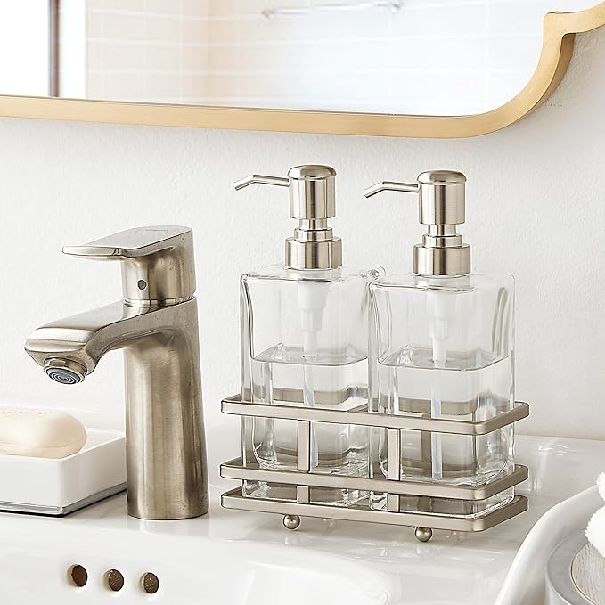 Square Glass Clear Lotion and Soap Pump Dispenser Set with Metal Stand Caddy for Bathroom Bath Kitchen Home Office Travel Hotel Hand Crafted Heavy Weight Nickel