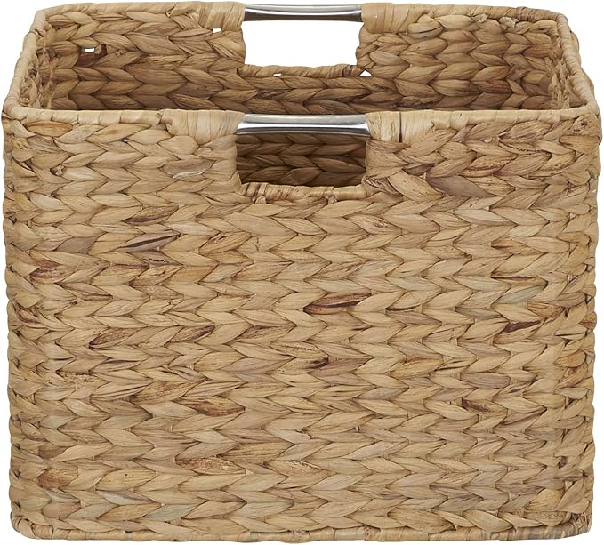Household Essentials Woven Wicker Open Storage Basket with Stainless Steel Handle, Brown
