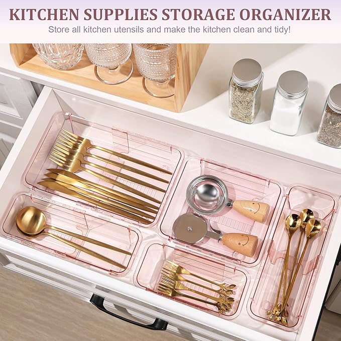 20 Pcs Adjustable Clear Drawer Organizer, All Extendable Vanity Storage Bins, Desk Drawer Organizer Set for Makeup, Cosmetics, Bedroom, and Gadgets, Pink