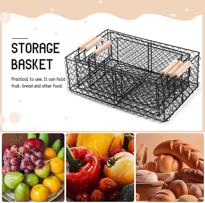Honeydak 3 Set Wire Basket for Organizing with Wooden Handle Vintage Style Rectangle Mesh Metal Basket Food Storage Organizer for Home Kitchen Pantry Bathroom Picnic Cabinets(Black)