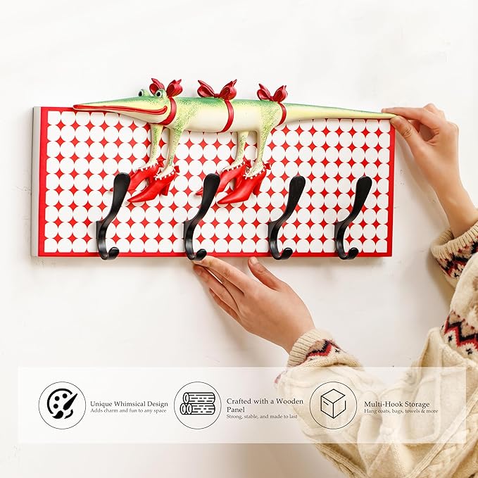 Decorative Wall Hook Rack with 4 Metal Hooks, 18" x 8" Red and White Vintage Plaid Panel, Whimsical Crocodile Wall Decor Organizer for Entryway, Kitchen, Living Room