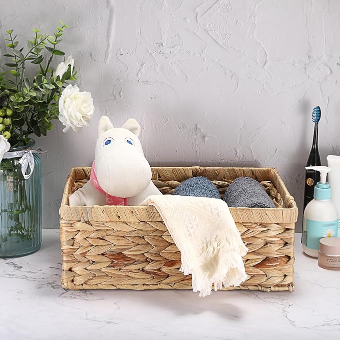 Wicker Basket for Shelf Woven Open Storage Bins with Built-in Handles Handwoven Water Hyacinth Storage Baskets Box for Living Room Bathroom Kitchen,13.8"L x 9.3"W x 5"H