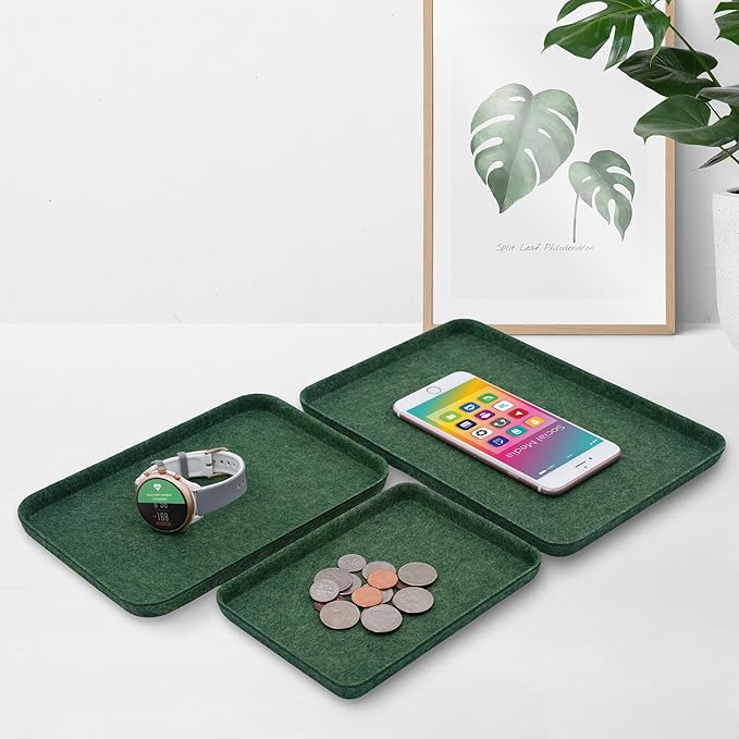 Welaxy Desk Drawer Felt Tray DND dice Games Holder EDC Cathall nightstand multitray Entryway Bedside Caddy Counter Organize for Keys Jewelry Watches 3-Piece (Forest Green)