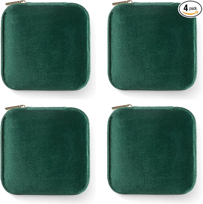 Plush Velvet Travel Jewelry Case, Travel Jewelry Organizer, Jewelry Travel Case, Travel Jewelry Box, Small Jewelry Case, Jewelry Travel Box, Earring Organizer with Mirror - Emerald Green 4packs