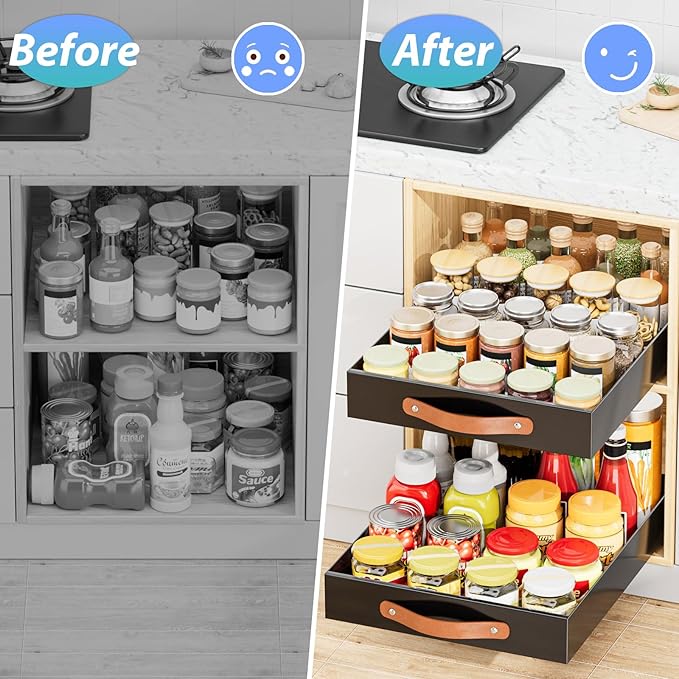 OVICAR Pull Out Cabinet Organizer - Adhesive Slide Out Drawer - 13.8" W x 16.3" D Heavy Duty Sliding Pantry Shelves Storage Drawers with 4pcs Divider Racks for Kitchen Bathroom Home, Black