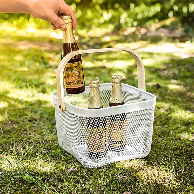 Mesh Steel Storage Organizer Basket Fruit Basket Bin with Wood Handle Ideal for Kitchen Bathroom Picnic Baskets Pantry Cabinets Storage Home Decor (White)