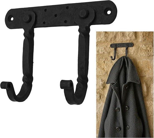 "Mystic Colonial Medieval Hand-Forged Iron Double Wall Hooks 1 Pc | (6 in ? 4 in) Rustic Twisted Wall Hanger | Vintage Black Coating Gothic Heavy-Duty Utility Hanger for Coats, Towels, Keys & Bags"