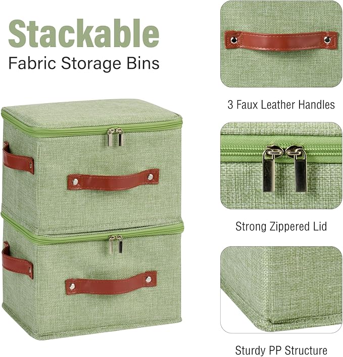 Storage Bin Box with Zippered Lid Cotton Linen Fabric Decorative Basket PU Leather Handles PP Plastic Board Foldable Lidded Clothing Shelf Closet Organizer Container (Light Green, Small)