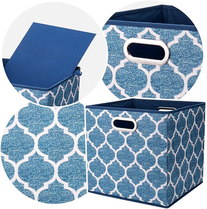 13x13x13 Inch Cube Storage Bins Blue Navy Foldable Grid Lantern Print Fabric Storage Basketes for Home Organizers Storage Drawer,QY-SC02-6