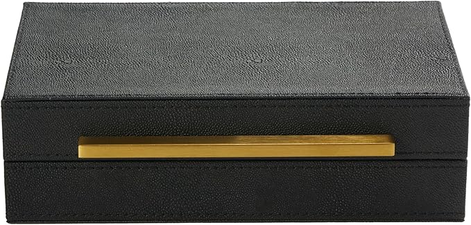 Sagala Black Decorative Shagreen Box With Gold Handle, Keepsake Box Jewelry Organizer Box, Faux Leather Storage Box For Modern Home Decor (Black-Gold, 1pack)