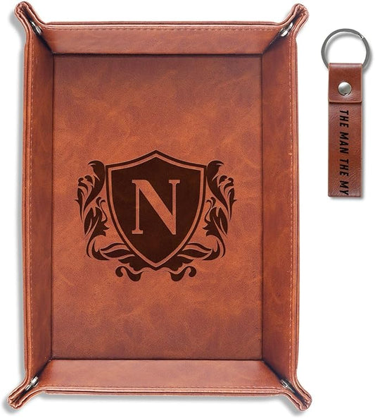 INNObeta Initial Valet Tray, Desktop Storage Organizer, PU Leather Bedside Tray Key Coin Holder, Personalised Gifts for Men, Birthday, Christmas, Letter N