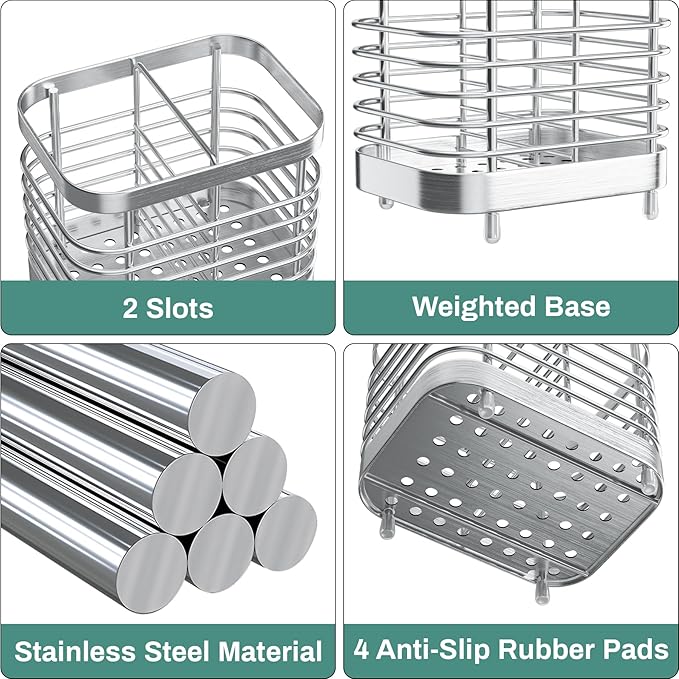 Countertop Toothbrush Holder for Bathroom, Stainless Steel Electric Tooth Brush Stand Storage Organizer with Drainage, Kids Toothpaste Holder Caddy, Silver Bathroom Sink Accessories Decor