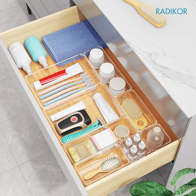44-Piece Transparent Plastic Drawer Organizer Set, Minimalist Style, Ideal for Kitchen, Bathroom, Makeup, Desk