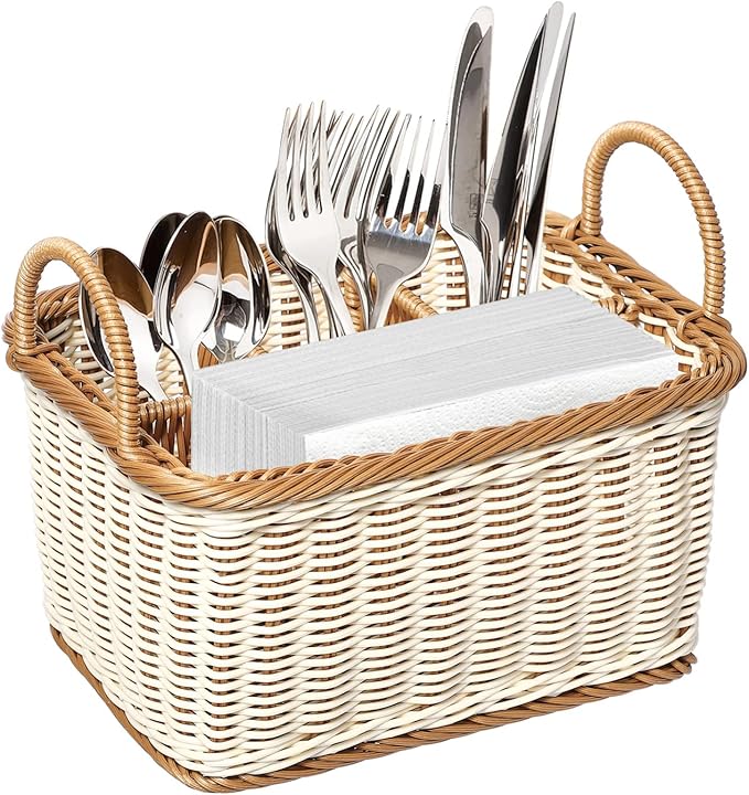Wicker Flatware Organizer, Cutlery Holder for Countertop, Woven Cutlery Storage with Handles, 4 Compartments Utensil Tableware Basket