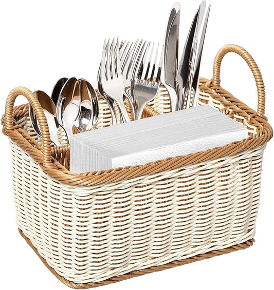 Wicker Flatware Organizer, Cutlery Holder for Countertop, Woven Cutlery Storage with Handles, 4 Compartments Utensil Tableware Basket