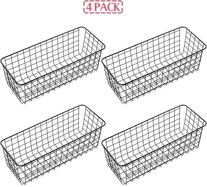4 Pack Wire Storage Baskets Household Metal Wall-Mounted Containers Organizer Bins for Kitchen Bathroom Freezer Pantry Closet Laundry Room Cabinets Garage Shelf, Large