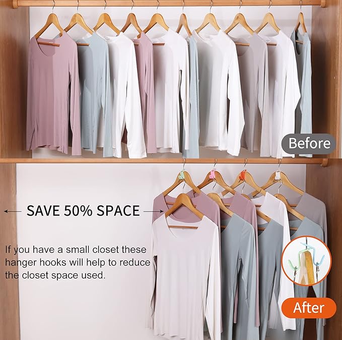 SLMT 50PCS Space-Saving Hanger Connector Hooks, Closet Organizer Extender for Plastic, Velvet, Wooden, Wire & Heavy Duty Clothes Hangers, Universal Fit (Multi-Color)