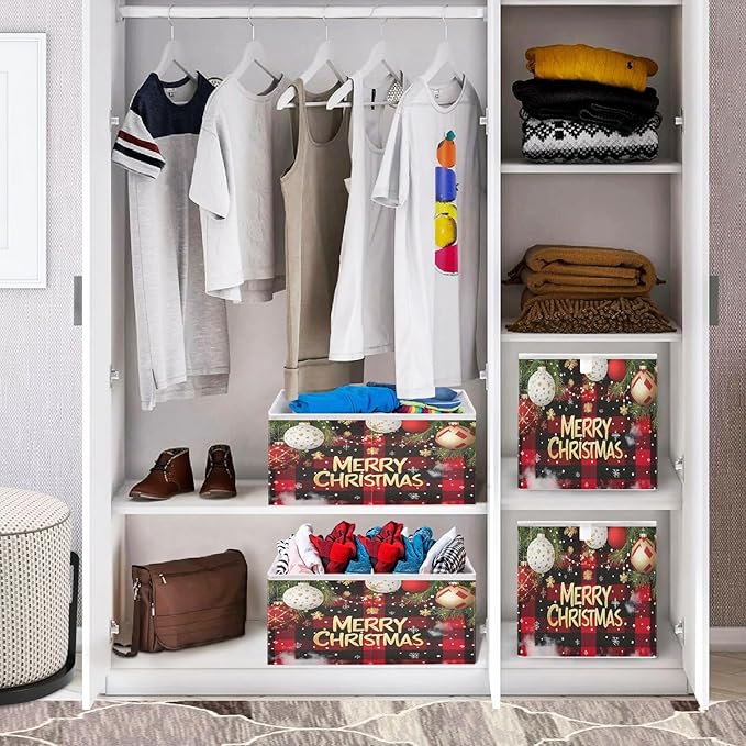 Bolaz Checked Christmas Background Closet Organizers Storage Cubes Storage Bins Shelf Baskets Containers for Home Room Office,Square