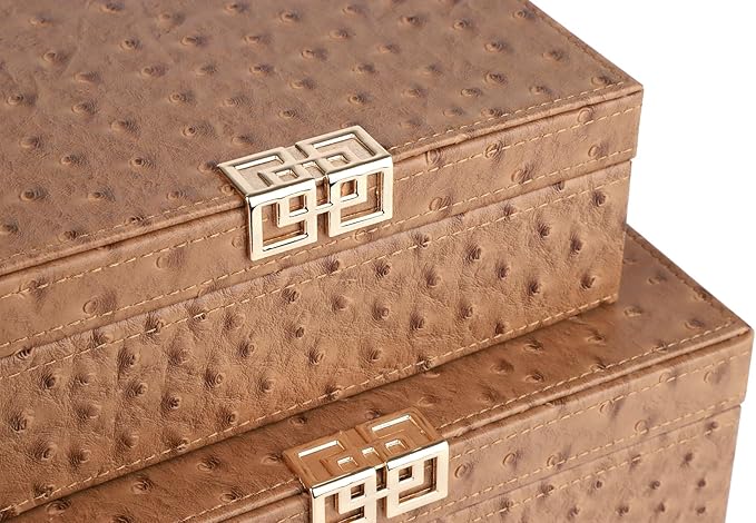 HofferRuffer Square Decorative Boxes, Set of 2 Nesting Storage Memory Keepsake Boxes with Lids, Stylish PU Leather Trinket Jewelry Organizer Box for Home Decor and Storage (Camel Ostrich)