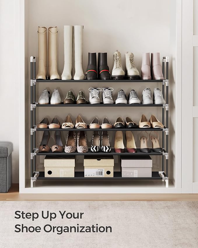 SONGMICS 5-Tier Shoe Rack, Shoe Storage for Hallway Closet, Slim and Space-Saving, Metal Frame, Non-Woven Fabric Shelves, Black ULSH55H