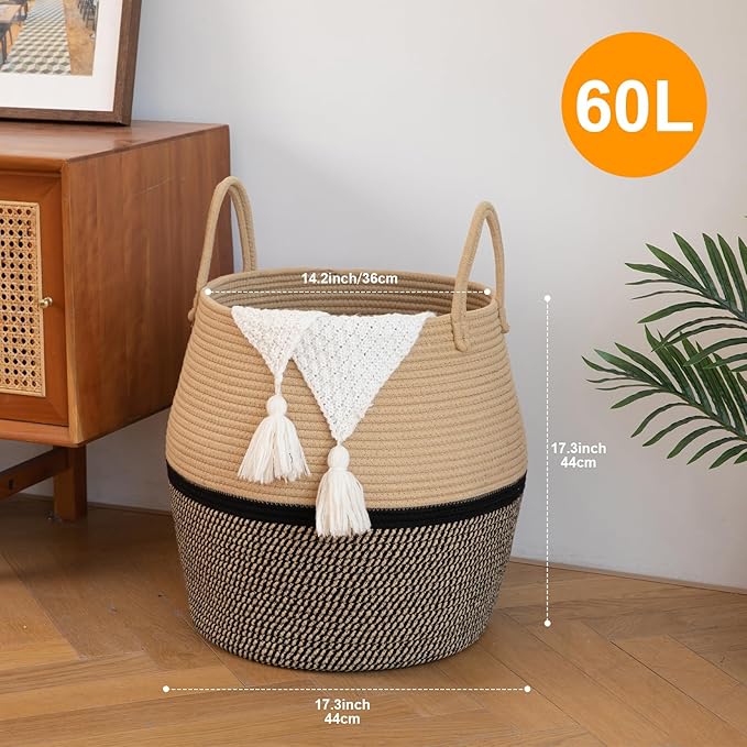 OIAHOMY 60L Blanket Basket with Handle, Storage Basket for Living Room, Laundry Hamper for Clothes, Towels, Pillows, Toy Storage for Kids and Dogs, Baby Hamper for Nursery - Brown & Black