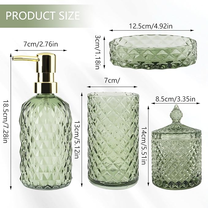5Pcs Glass Bathroom Accessories Set,Green Vintage Bathroom Accessory Set, Bathroom Counter Sink Toothbrush Holder Set Includes Hand/Lotion Soap Dispenser & Tumbler & Soap Dish & Qtip Holders