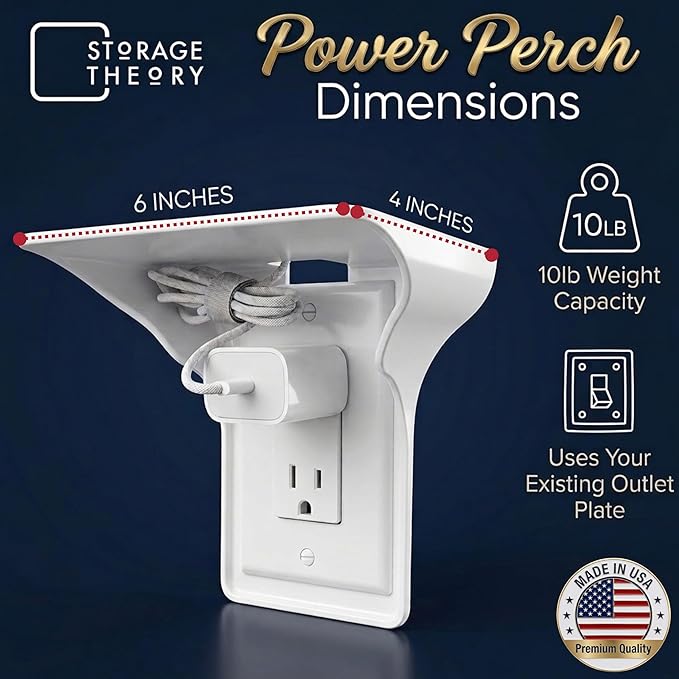 BeraTek Power Perch Wall Outlet Shelf with Cord Storage Strap - Declutter & Reclaim Counter Space - Alexa Holder, Charging Stand, Apple Homepod Mini Wall Mount - White, 1-Pack