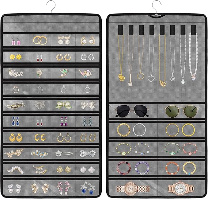 Hanging Jewelry Organizers and Storage, Double-Sided Jewelry Necklace Holder for Jewelries, Earrings, Accessories, Rings on Closet, Door, Wall (1,Gray)
