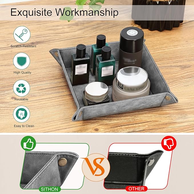 SITHON Valet Tray Desktop Storage Organizer â Premium PU Leather Catchall Bedside Vanity Tray Nightstand Caddy Holder for Remote Controller, Keys, Phone, Wallet, Coin, Jewelry (Gray)