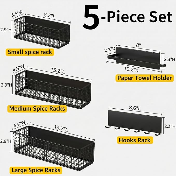 Magnetic Organizer For Refrigerator,With Spice Rack,Hooks Paper Towel Holder Utensils Racks, For Traeger Grills Of Washing Machine Side (Black, 5-Pack)