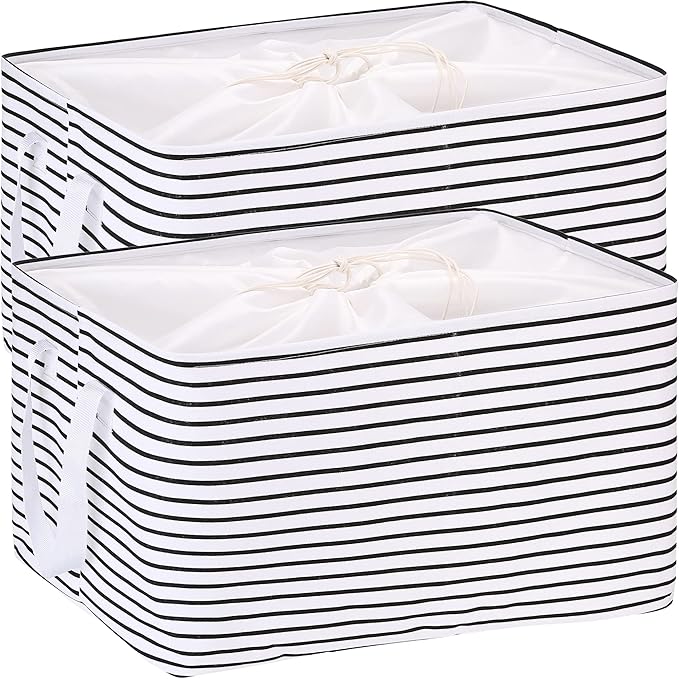 Hinwo 102L XXL Storage Bins, 2-Pack Closet Organizers and Storage, Foldable Clothes Storage Baskets with Handles, Containers for Clothing, Blanket, Comforters, Toys, Bedding (Black Stripe)