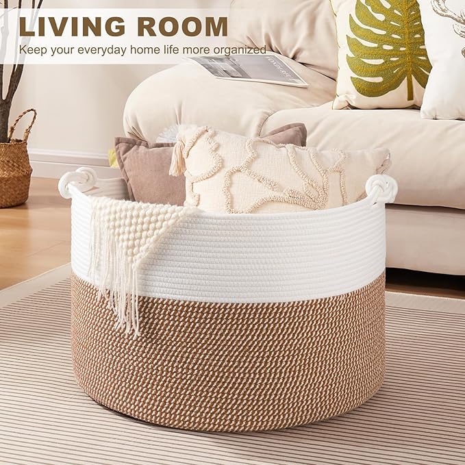 XXL Large Blanket Storage Basket for Living Room, 105L Woven Cotton Rope Basket with Handles, Baby Toy Storage, Laundry Hamper for Clothes, Pillows, Towels-Yellow and White