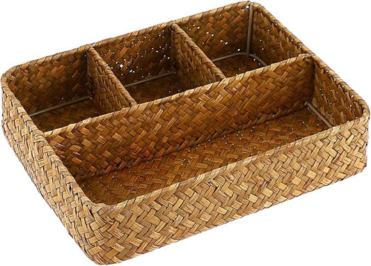 ELLDOO Brown Seagrass Tea Bag Organizer Tray, 10.2"L x 7.9"W x 2.5"H