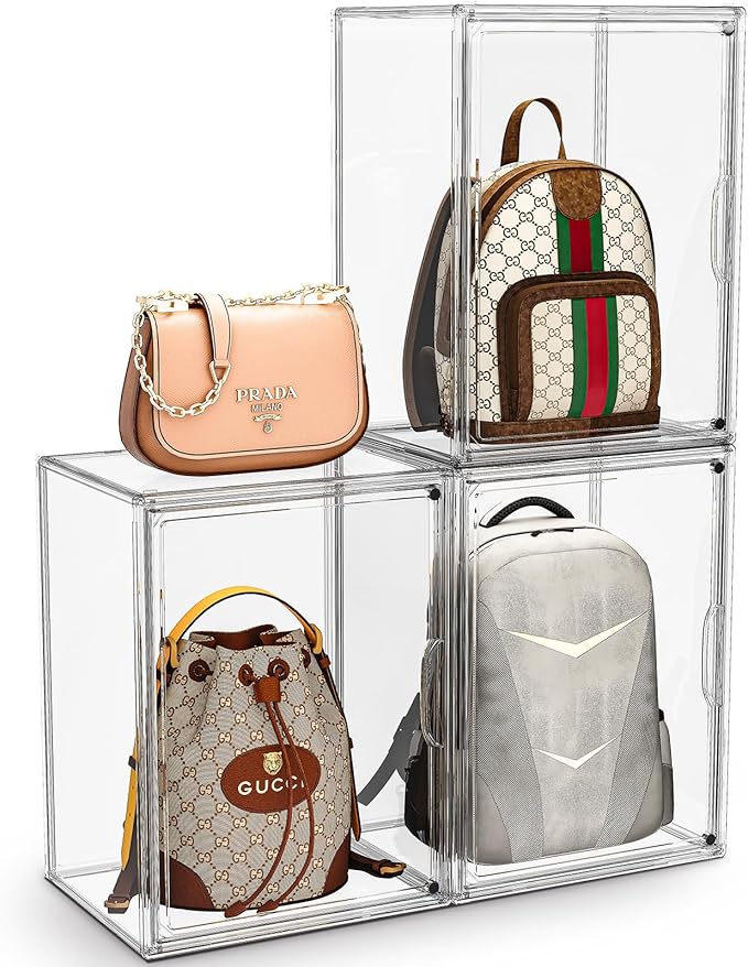 Purse Storage Organizer for Closet 3 Packs Clear Handbag Storage Organizer Acrylic Display Case for Collectibles Stackable Bag Organizer with Magnetic Door for Backpack, Figure, XXX-Large