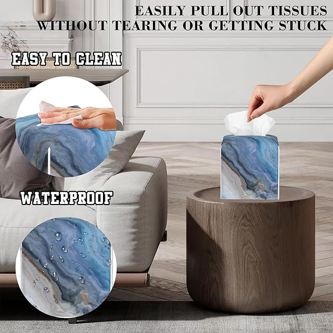 Tissue Box Cover Blue and Grey Marble Leather Tissue Box Holder Cube Paper Case Cover Facial Paper Organizer Dispenser for Bathroom, Vanity Countertop, Office Desk