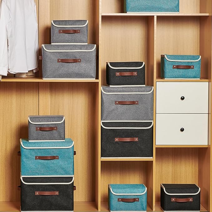 2PCS Storage Bins with Lid Fabric Storage Box Basket PU Leather Handle Textured Woven Cotton Linen Decorative Foldable Washable Shelf Closet Organizer Container (Zipper Lid, Blue, Small)