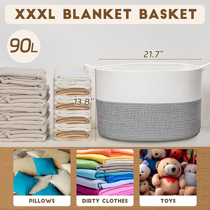 XXXLarge Woven Cotton Rope Basket (21.7" x 13.8") 90L – Blanket Basket for Living Room, Laundry Hamper, Baby Laundry Hamper, Toy Storage, Pillows & Cushions Organizer (White&Grey)