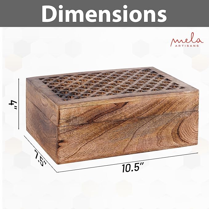 Mela Artisans Extra Large Wooden Keepsake Box | Medium Burnt & Handcrafted Decorative Storage Chest for Jewelry, Photos & Trinkets | Vintage Style Storage Box| Trellis Design | 10.5x7.5x4